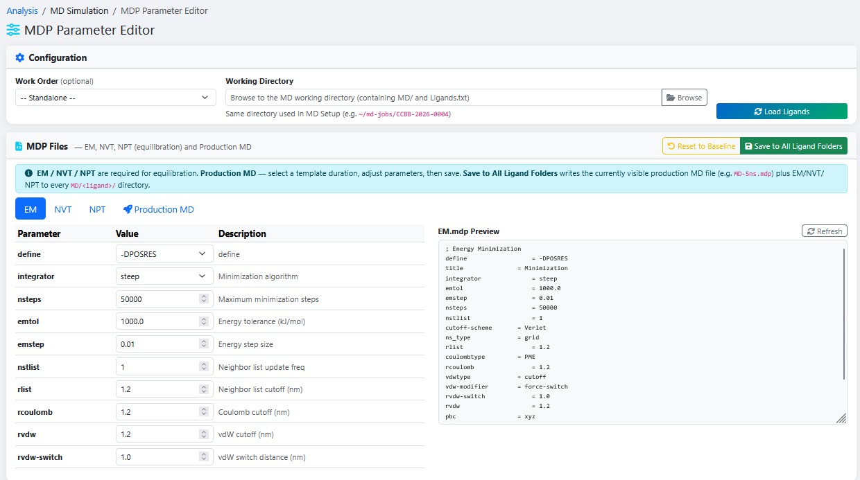 MDP Parameter Editor &mdash; EM/NVT/NPT/Production MD Tabs