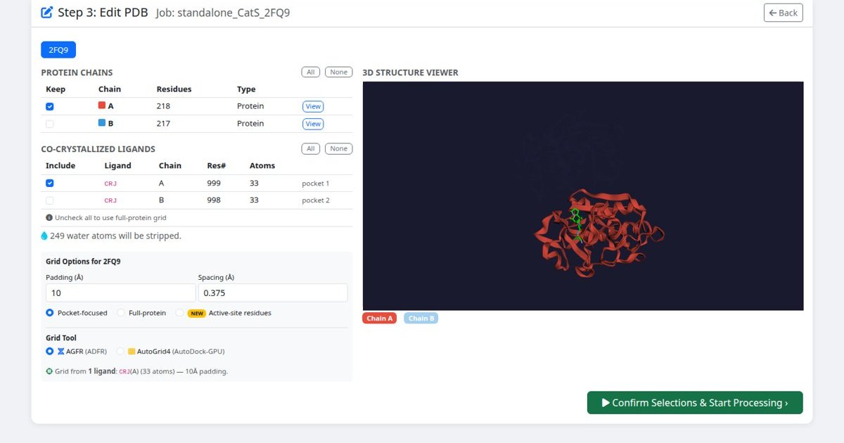 Receptor editor: chains, co-crystallised ligands and 3D view