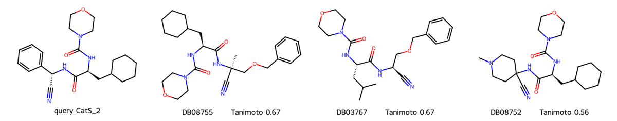 Similarity search: a query and three database hits with their Tanimoto similarity